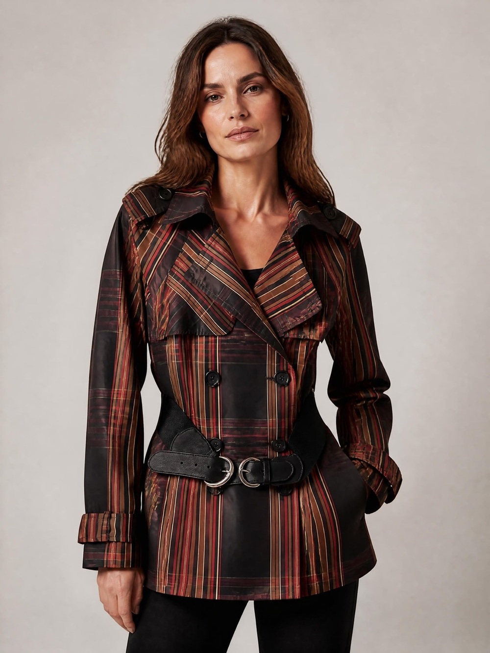 Zara Basic Plaid Double Breasted Trench Coat Belted Size M